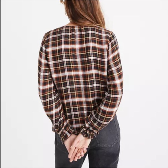 EUC - Madewell Plaid V-Neck Blouse - Black, White, Brown - Picture 4 of 7